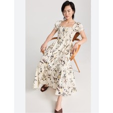 Tory Burch Dress Smocked Printed Maxi in French Cream Drip Bouquet