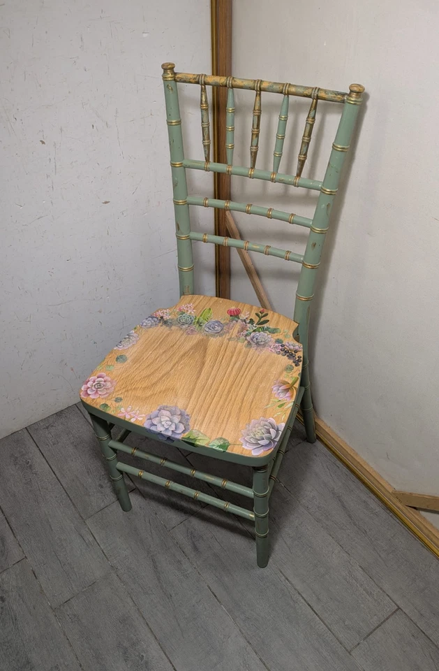Cadeira estilo chiavari vintage chique gasto pintada à mão floral madeira bambu falso - Imagem 4 de 4