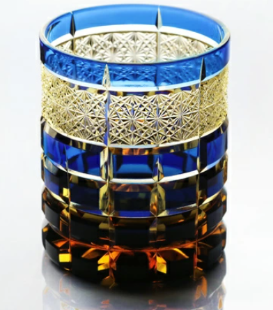 Edo Kiriko Hand-Cut 250ml Amber Blue Crystal Whisky Glass with Box Japan-image