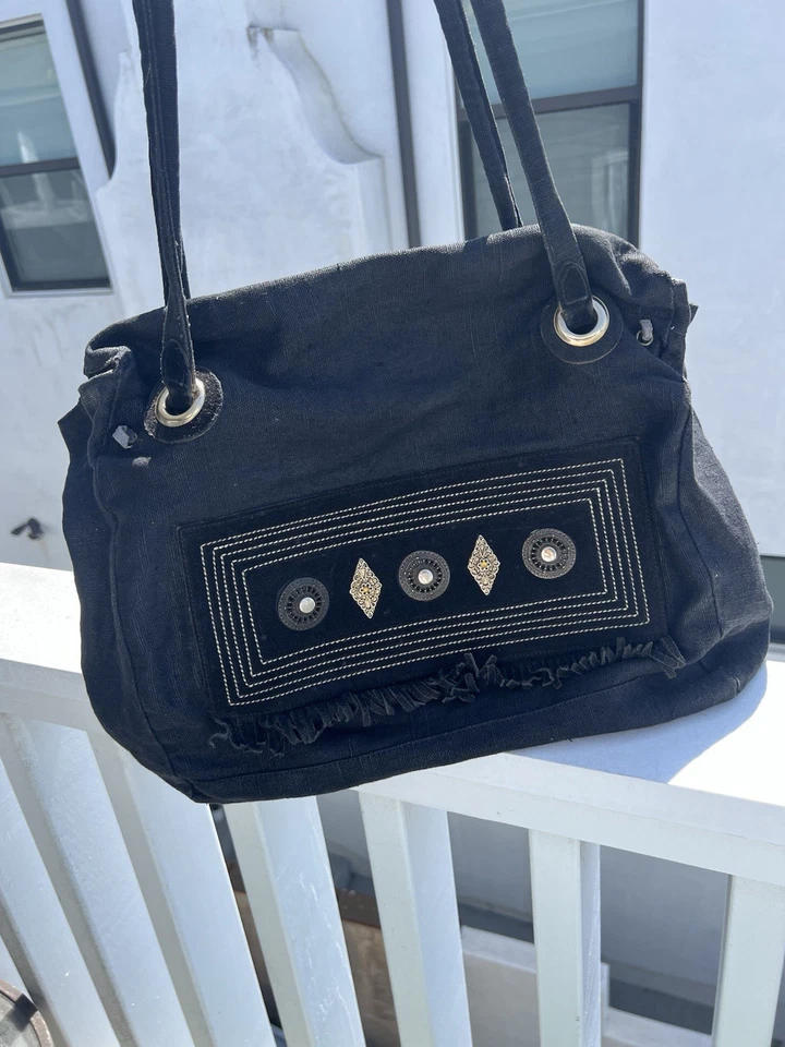 White Elephant Florence Italy linen canvas black fringe beaded tote aztec hippie - Image 4 of 4