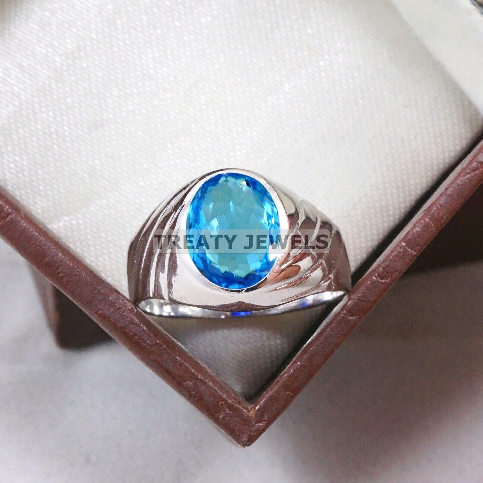 Blue Topaz Oval Cut Gemstone With 925 Sterling Silver Ring For Men's #A896 *