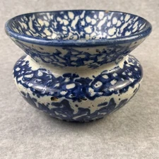 Vintage Spongeware Spittoon Cobalt Blue White Stoneware Pottery Cuspidor 5"
