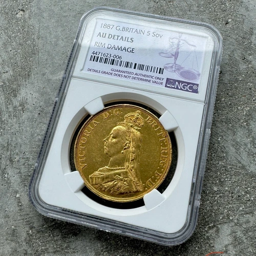 1887 Great Britain 5 Pounds Gold Coin Queen Victoria 5 Pound  - NGC AU Details