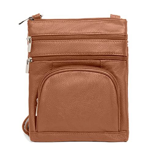 Crossbody Bag for Women, Genuine Leather Multi-Pocket Purse Medium Light Brown-image