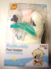 Raz-Buddy Paci Holder With Soothie Shaped Pacificer, Gray  White Pig Theme, New