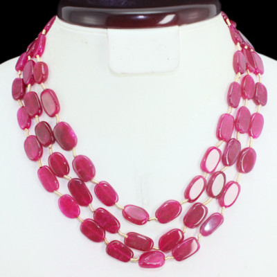 GENUINE 277.50 CT ENHANCED RUBY 3 LINE OVAL BEADS NECKLACE - GEM EDH (RS)
