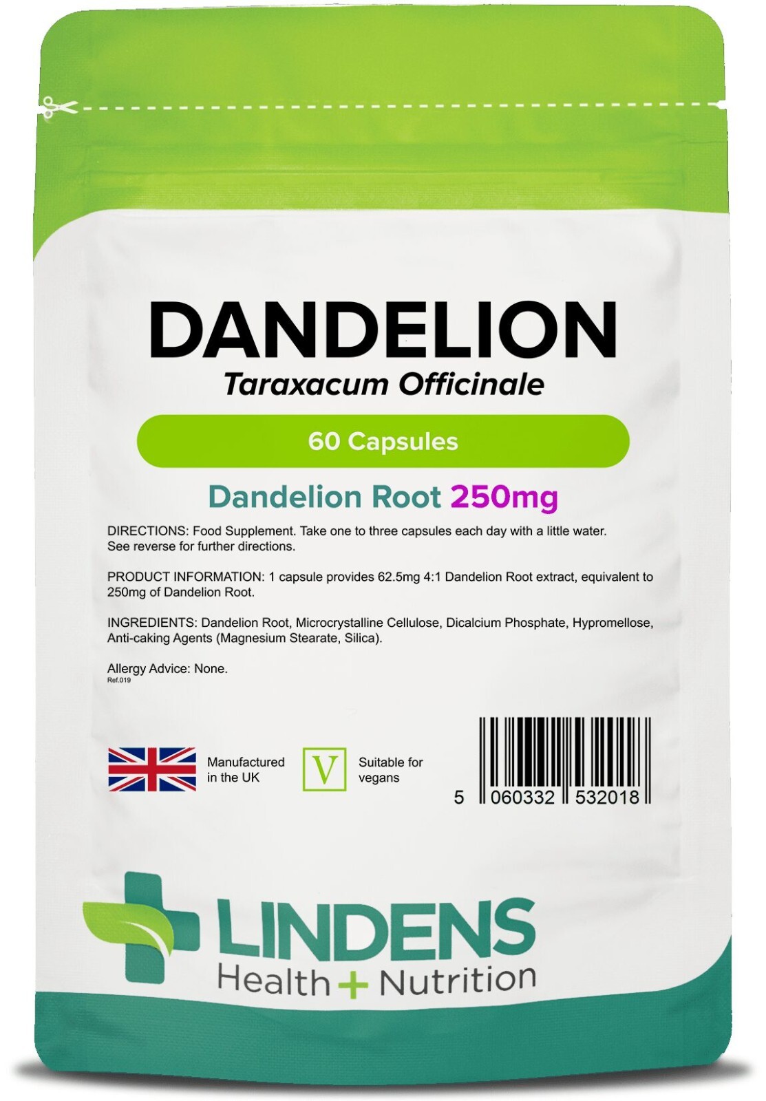 LINDENS  - DANDELION Root 250mg Capsules Whole ROOT HERBAL 60 X 3 packs
