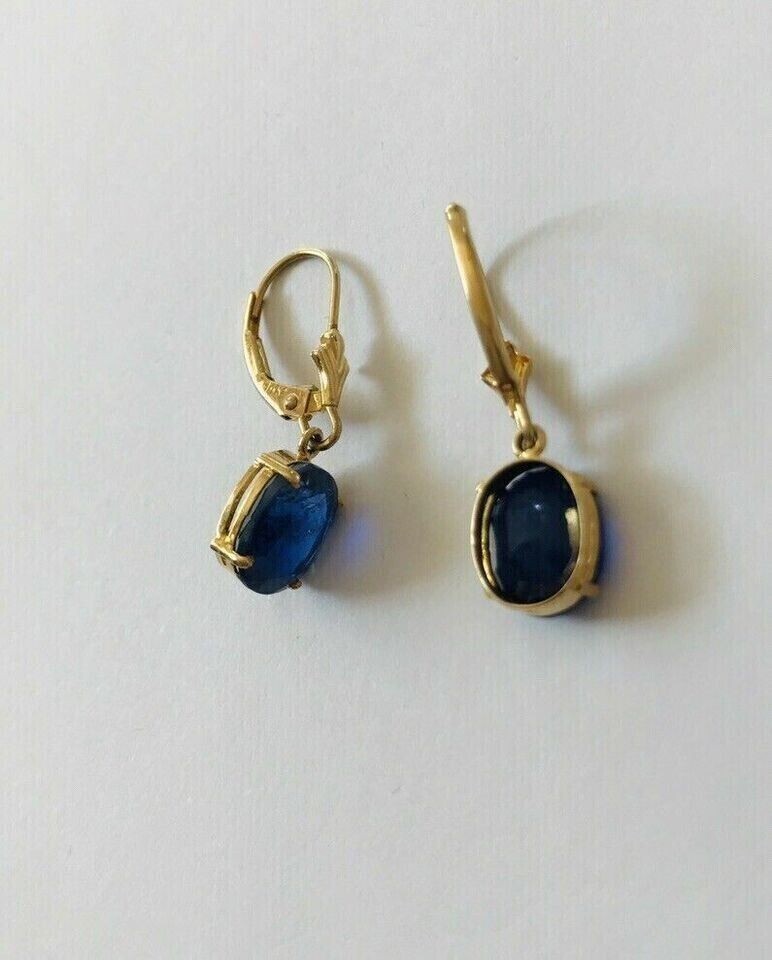 14K Gold Plated 2Ct Oval Blue Sapphire Simulated Drop Earrings