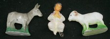 3 VINTAGE NATIVITY REPLACEMENT FIGURES, CELLULOID SHEPHERD, HARD PLASTIC DONKEY,