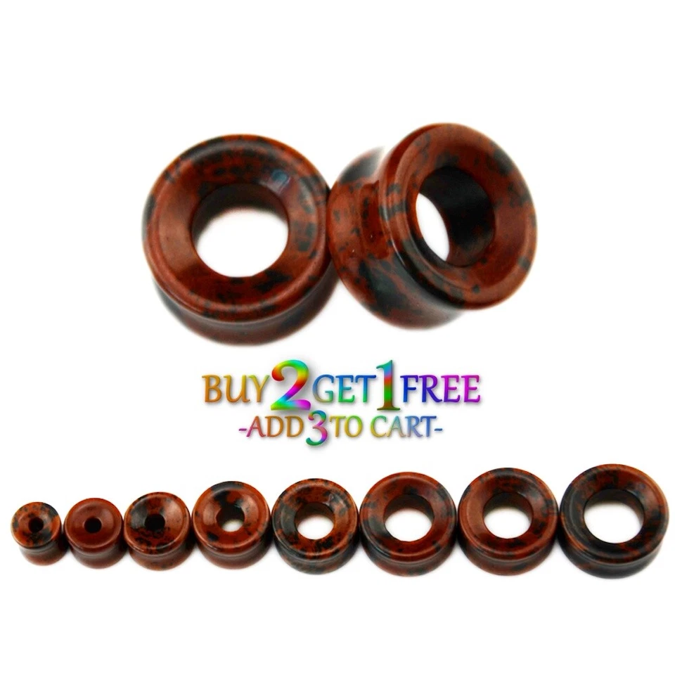 Par de TÚNELES DE PIEDRA OBSIDIANA CAOBA 8g-38mm Medidores de Doble Llamarada 1193 Foto 2 de 3