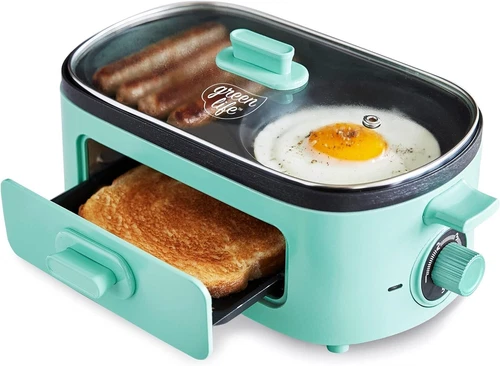 3-in-1 Breakfast Maker Station Ceramic Nonstick Dual Griddles 2 Slice Toast