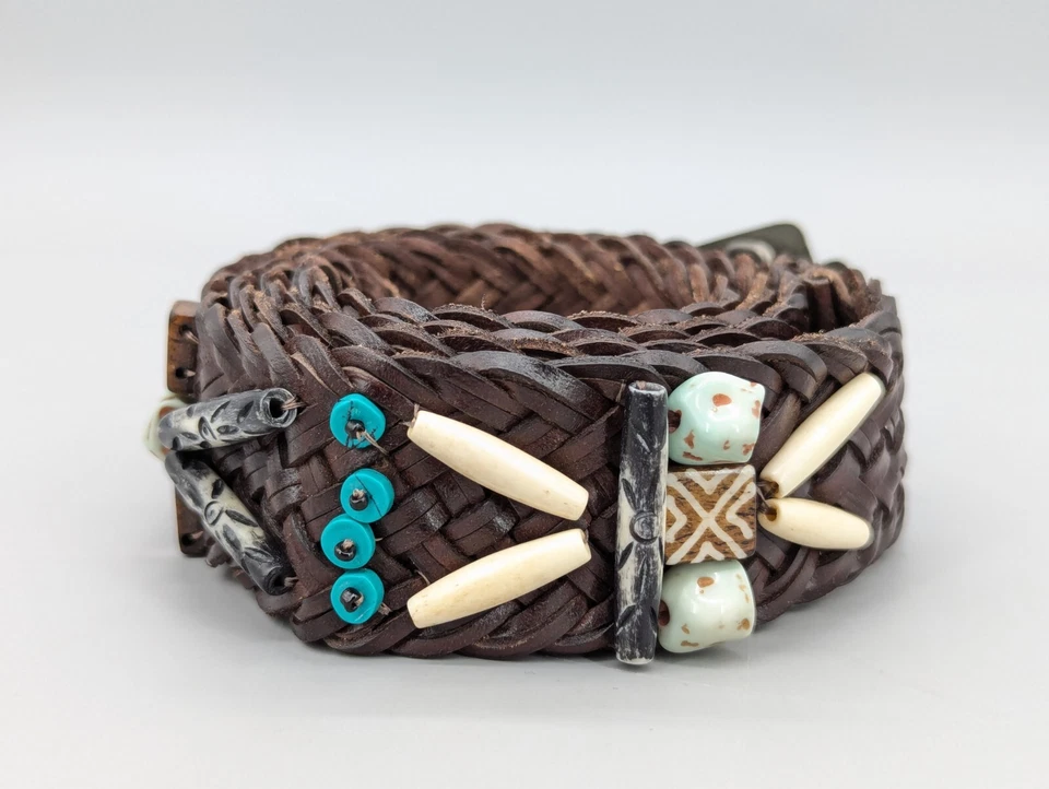 Cinturón Chico's Titus Cuero Marrón Trenzado Tribal Cuentas Turquesa Acento Blanco 42" Foto 3 de 4