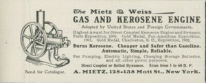 1903 Mietz & Weiss Gas & Kerosene Engine Coupled Dynamo New York Ad BJ1