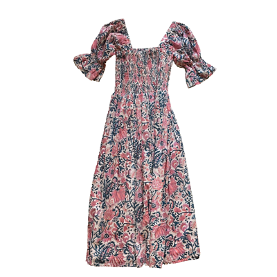 NWT Lilbelle Smocked Midi Dress Womens OS Small Medium Pink Blue Short  Sleeve | eBay