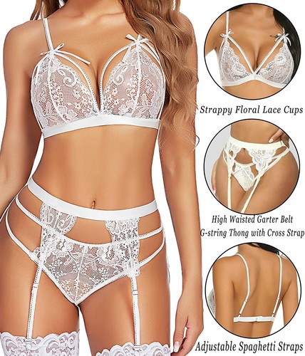 Sexy Women's Sleepwear Lingerie Set Lace Babydoll Outfit Jumpsuit with Garters - 第 17/24 張圖片