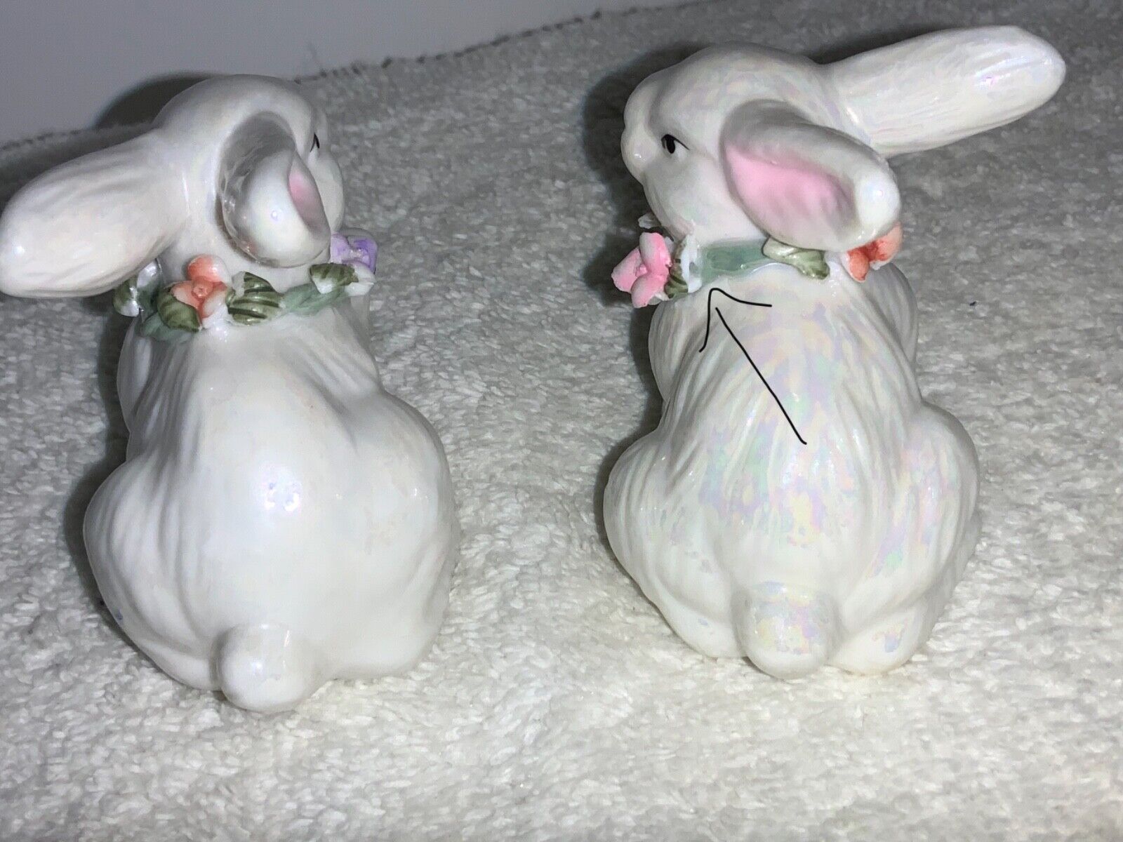 Two White Ceramic Rabbits with Flowers around Neck | eBay