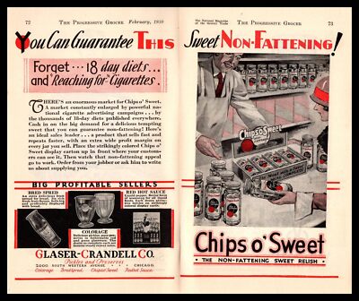 1930 Chips O Sweet Non Fattening Snack Grocery Store Display 2-Page Print Ad