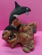 Vintage John Perry💗Collectable Orca Killer Whale Sculpture Burl Wood Figurine