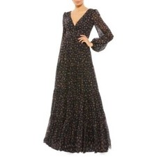 Ieena for Mac Duggal NEW Floral Tiered Long Sleeve Gown Black Multi 55431 Size 2