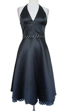 Vintage Gunne Sax Jessica McClintock Black Satin Halter Dress Polka Dot Trim XS
