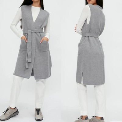 $395 NEW STUNNING Max Mara 100% Wool Waisted Coat Vest Cardigan Belted Ribbed M