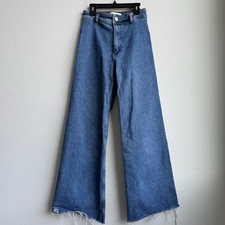 Zara Marine Wide Flare Leg Blue Solid Wash Raw Hem Jeans High Rise Size 4 / 26