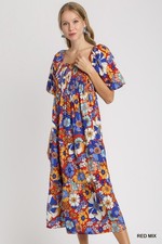 Umgee Multi Floral Print Midi Dress w/ Smocked Bodice & Short Puff Sleeves