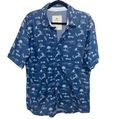 Ripton Shirt Mens Large Chambray Denim Snap Camp Short Sleeve Blue Fish Print