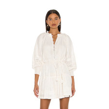 Cleobella Ivory Striped Mini Dress XS Eyelet Tie Waist Button Front