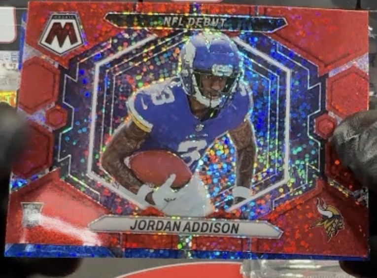 2023 Panini Mosaic NFL Debut #ND-14 Jordan Addison Red Sparkle Prizm (RC)