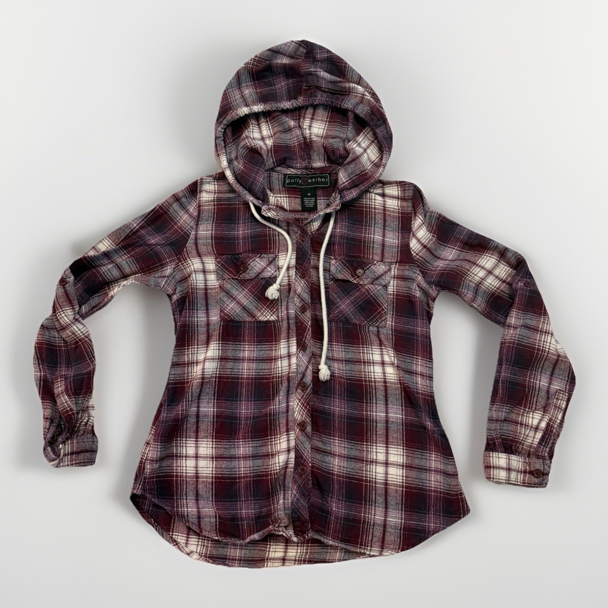 Polly Esther Women Size M Hooded Flannel Shirt Purple White Gray Plaid