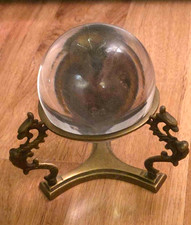 VINTAGE Heavy Brass Dragon Crystal Ball Stand w/ Large Clear Sphere Orb Scrying