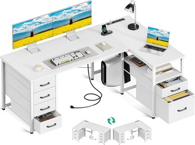 Coleshome L Shaped Computer Desk 6 Drawers Power Outlet
