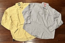 Lot Of 2 IZOD Yellow Blue Plaid Mens Large Casual Pocket Button Up Dress Shirt