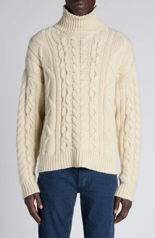 Tom Ford — TOM FORD Men Cable Stitch Wool Cashmere & Mohair Turtleneck Sweater, Size Large