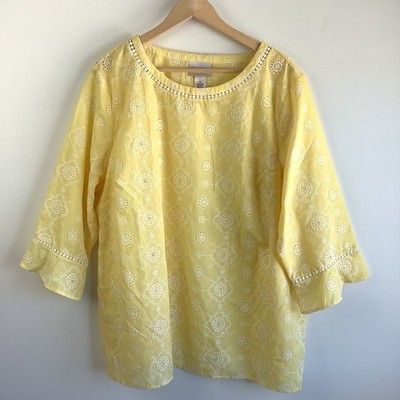 Alfred Dunner Yellow Embroidered Eyelet Floral Bell Sleeve Tunic Top Women 2X