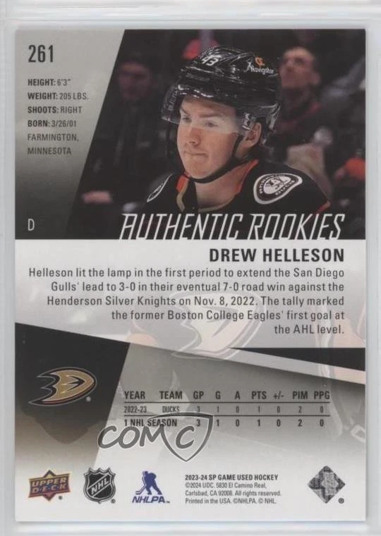 2023 Upper Deck SP Game Used Authentic Rookies Gold /119 Drew Helleson Rookie RC - Image 2 of 2