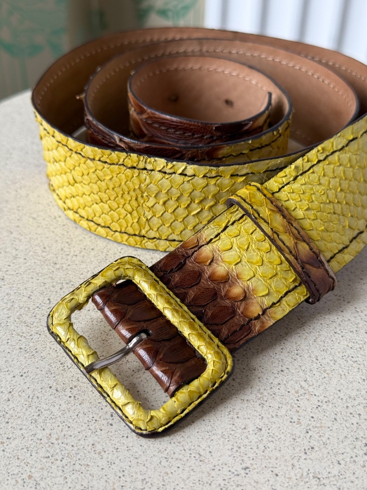 Prada Yellow Brown Python Embossed Leather Belt U… - image 2