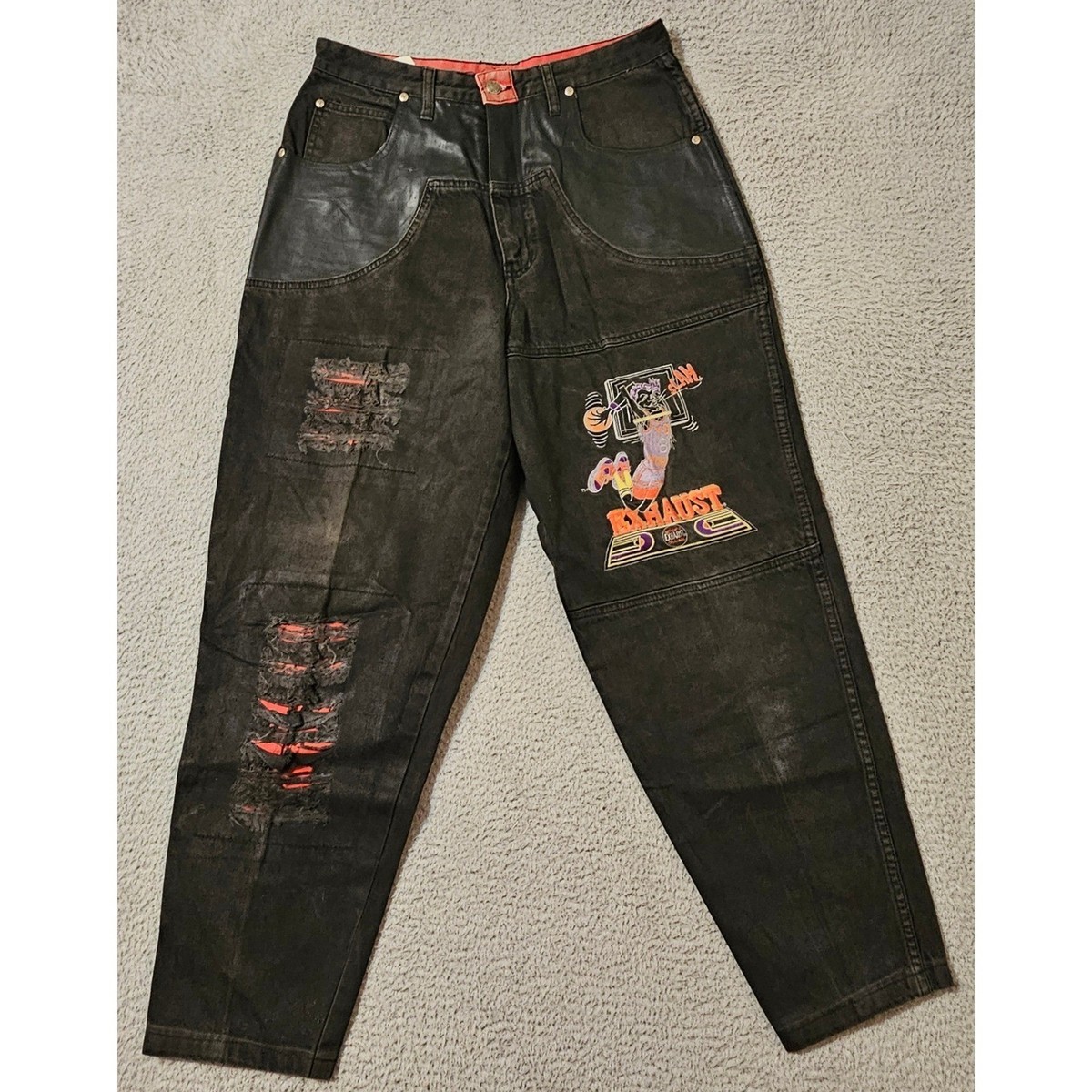 Rare Vintage EXHAUST Hip Hop Denim Jeans 90s Streetwear Leather 