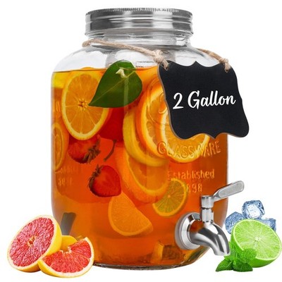 2 Gallon Glass Beverage Dispenser w/ Lid, Stainless Steel Spigot, Ice Cylinder