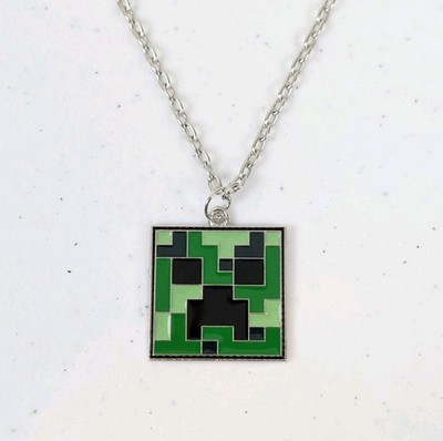 Minecraft Style Creeper Necklace Pixel Green Enamel Pendant Gamer Jewelry 22''
