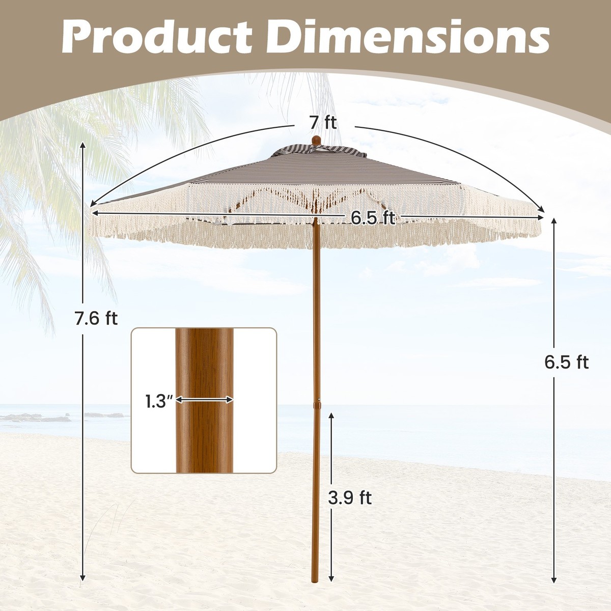 Patio Umbrella with Fringe, Sun-Protective Polyester Canopy, Beach