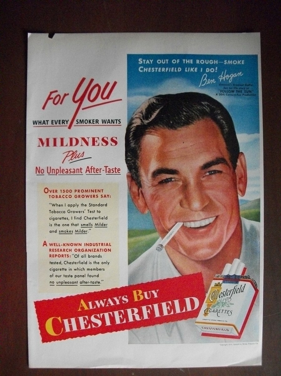 Vintage 1951 Original Magazine Ad Chesterfield Cigarettes Ben Hogan Actor