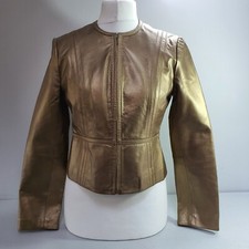 M&s Gold Metallic Leather Jacket Smart Zip Up Glamourous Bolero Size 12