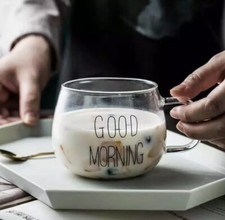 Set of 2 “Good Morning” Clear Glass Coffee Mug – Tea, Milk, Latte Cup 10oz C3