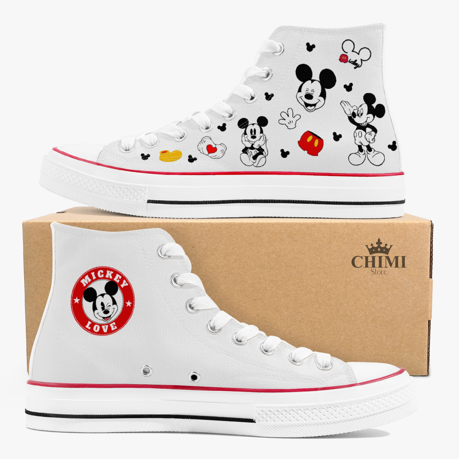 Custom I love Mickey the mouse canvas sneakers, classic white high top sneakers.