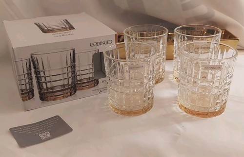 4 Clear Crystal DOF Whiskey Glasses Glen Plaid Style 11 Oz Godinger NIB w/Amber - Picture 4 of 12