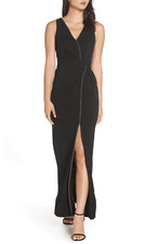 ADRIANNA PAPELL Black Silver Bead Trim Faux Wrap Jersey Hi-Slit Maxi Gown 16 XL