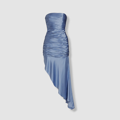 $565 Cinq a Sept Women's Blue Silk Strapless Ruched Asymmetrical Dress Size 8