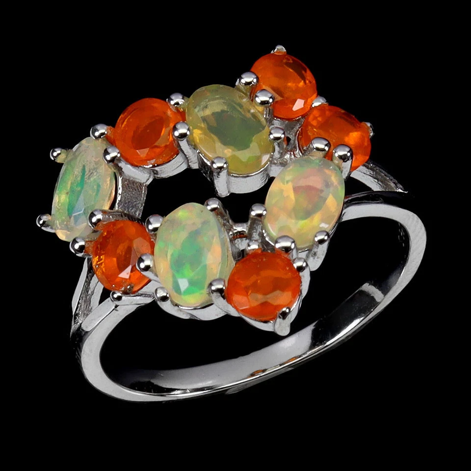 Anillo de plata de ley 925 ovalado ópalo de fuego 6x4 mm ópalo naranja piedras preciosas tamaño de joyería Foto 2 de 4